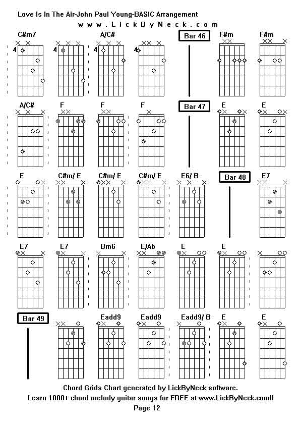 Chord Grids Chart of chord melody fingerstyle guitar song-Love Is In The Air-John Paul Young-BASIC Arrangement,generated by LickByNeck software.